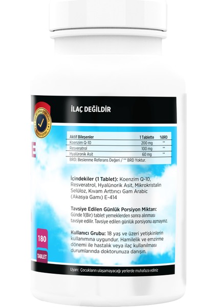 Coenzyme Koenzim Q-10 200 Mg Hyaluronik Asit Resveratrol 180 Tablet fiyatları