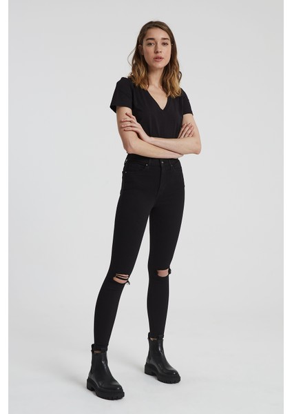 JUDY Siyah Yüksek Bel Dizi Kesikli Skinny Fit Jean Pantolon C 4521-012