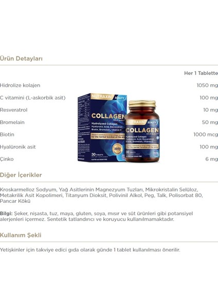 Resveratrol, Hyalüronik Asit, Biotin ve Çinko Içeren Hidrolize 30 Tablet