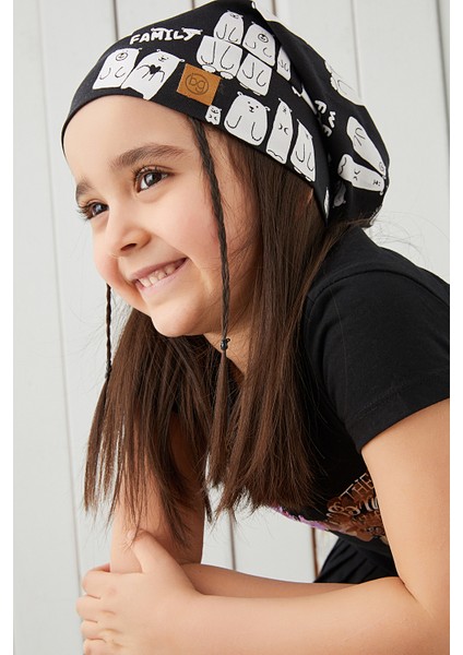 Kız Çocuk Siyah Beyaz Figürlü Ip Detaylı 4 Mevsim Şapka Bere -Yumuşak Doğal Penye fiyatları