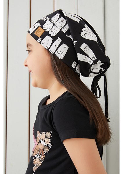 Kız Çocuk Siyah Beyaz Figürlü Ip Detaylı 4 Mevsim Şapka Bere -Yumuşak Doğal Penye fırsatları