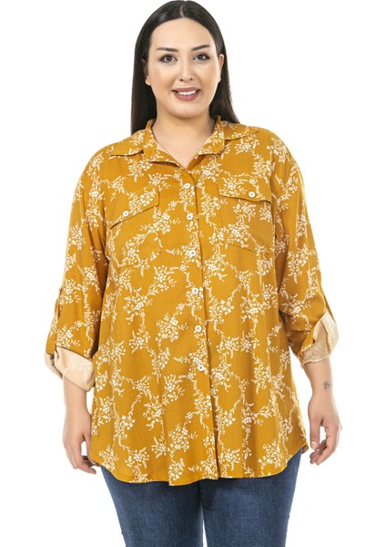 Büyük Beden Yaprak Desenli Katlamalı Kollu Göğüsten Cepli Hardal Gömlek
