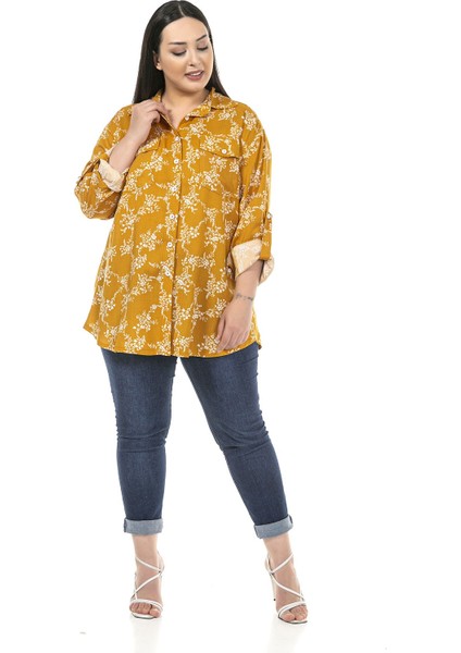 Büyük Beden Yaprak Desenli Katlamalı Kollu Göğüsten Cepli Hardal Gömlek fiyatları