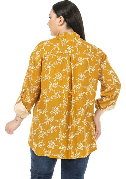 Büyük Beden Yaprak Desenli Katlamalı Kollu Göğüsten Cepli Hardal Gömlek modelleri