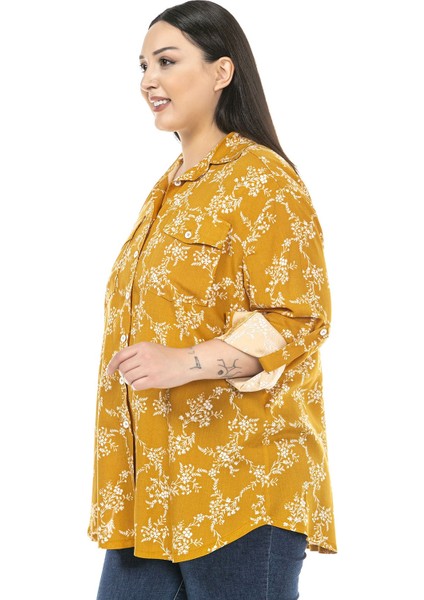 Büyük Beden Yaprak Desenli Katlamalı Kollu Göğüsten Cepli Hardal Gömlek fırsatları