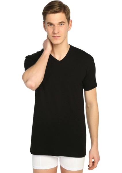 2 Adet Siyah Renk V Yaka Kısa Kollu Atlet Fanila