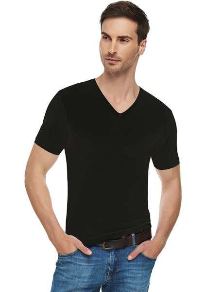 3 Adet Siyah Renk V Yaka Kısa Kollu Atlet Fanila