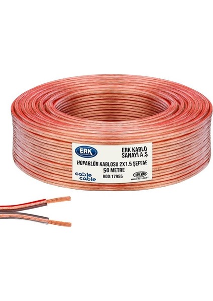 - 50 M Hoparlör ve Ses Kablosu 2x1.5 mm Şeffaf Kırmızı Çizgili