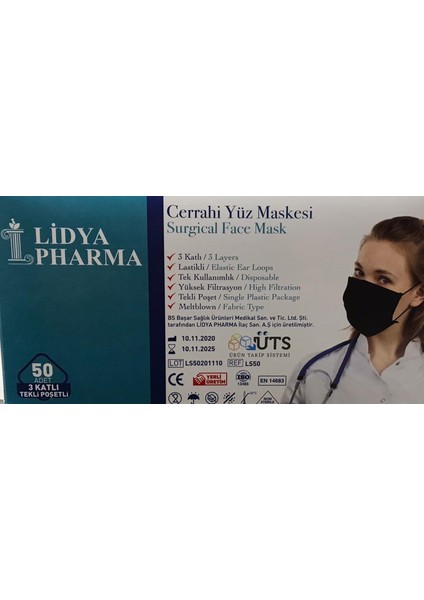 Cerrahi Maske Tek Tek Steril Telli 3 Katlı 50 Adet Siyah modelleri