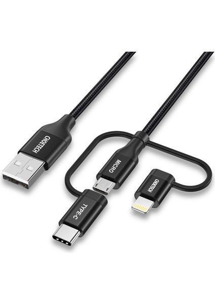 3in1 Lightning + USB-C + Micro USB Hızlı Şarj ve Data Kablosu - Apple MFI Lisanslı - IP0030 - Siyah