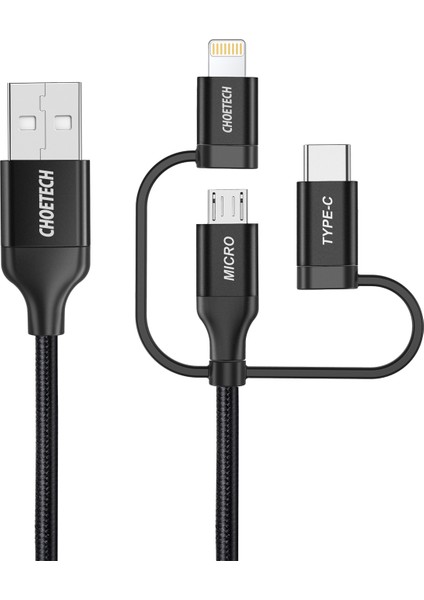 3in1 Lightning + USB-C + Micro USB Hızlı Şarj ve Data Kablosu - Apple MFI Lisanslı - IP0030 - Siyah