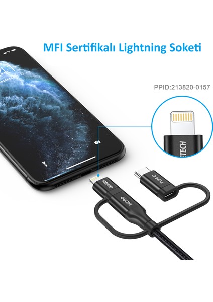 3in1 Lightning + USB-C + Micro USB Hızlı Şarj ve Data Kablosu - Apple MFI Lisanslı - IP0030 - Siyah