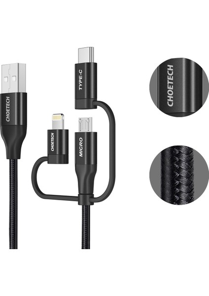 3in1 Lightning + USB-C + Micro USB Hızlı Şarj ve Data Kablosu - Apple MFI Lisanslı - IP0030 - Siyah