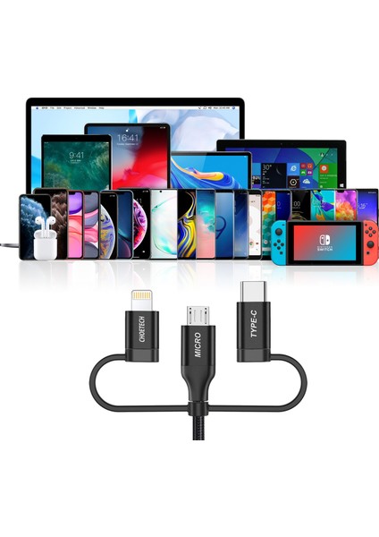 3in1 Lightning + USB-C + Micro USB Hızlı Şarj ve Data Kablosu - Apple MFI Lisanslı - IP0030 - Siyah