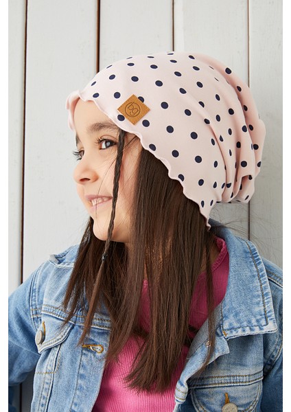 Pudra Siyah Puantiye Kız Çocuk Bebek Şapka Bere Yumuşak %100 Pamuklu Penye Trend Seri