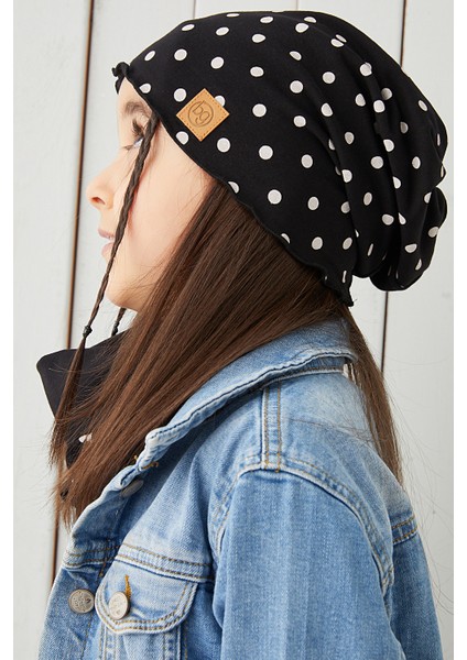 Siyah Beyaz Puantiye Kız Çocuk Bebek Şapka Bere Yumuşak %100 Pamuklu Penye Trend Seri