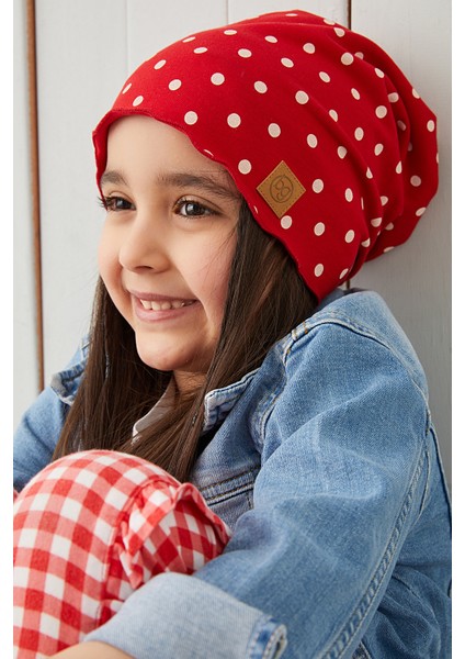 Kırmızı Beyaz Puantiye Kız Çocuk Bebek Şapka Bere Yumuşak %100 Pamuklu Penye Trend Seri