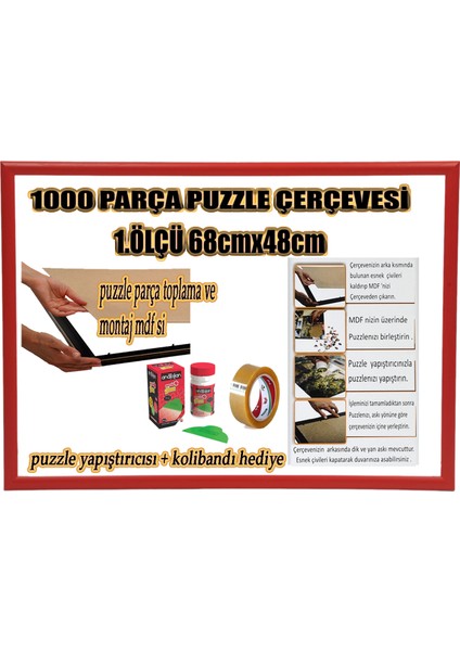 1000 Parça -Camsız - 2.ölçü 68 cm x 48 cm - Renk kırmızı -Çerçeve 23 mm