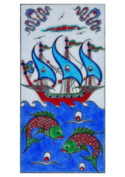 10x20 Cm ED 213 Kırmızı İznik Kalyon El dekoru Çini Karo