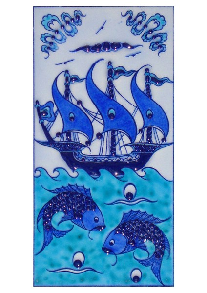 10x20 Cm ED 214 Mavi İznik Kalyon El dekoru Çini Karo