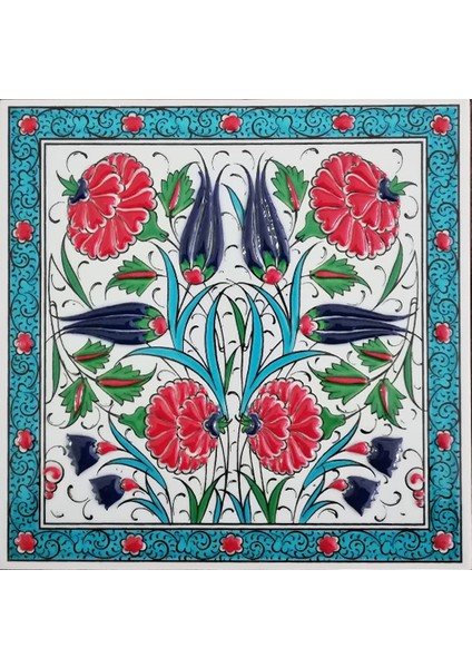 20x20 Cm ED 306 Turkuaz Lale Karanfil El dekoru Çini Pano
