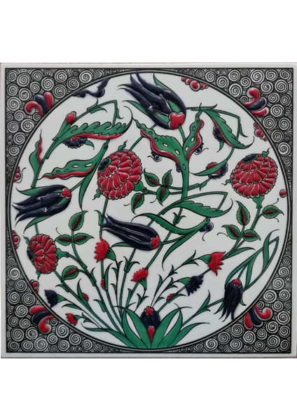 20x20 Cm ED 311 Oval Lale Karanfil El dekoru Çini Pano