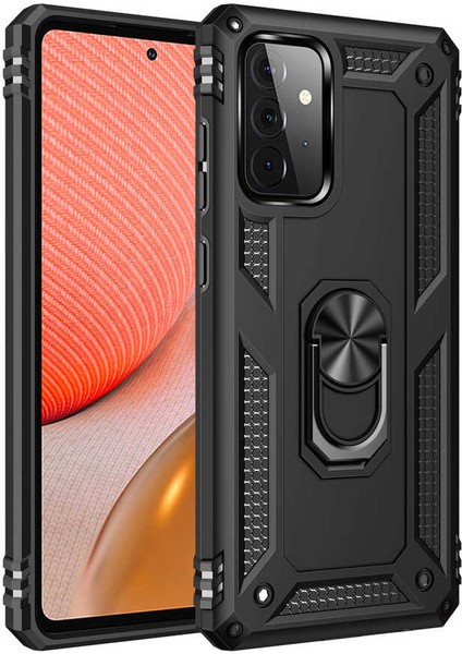 Samsung Galaxy A52 Kılıf Çift Katmanlı Yüzüklü Manyetik Vega Kapak + Cam Ekran Koruyucu Siyah
