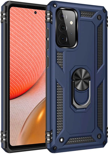 Samsung Galaxy A52 Kılıf Çift Katmanlı Yüzüklü Manyetik Vega Kapak + Cam Ekran Koruyucu Lacivert