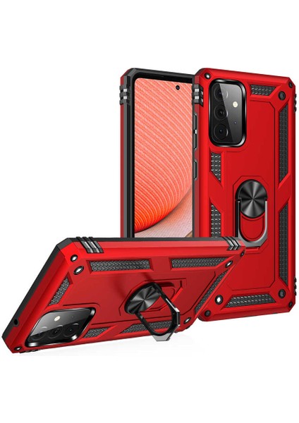 Samsung Galaxy A52 Kılıf Çift Katmanlı Yüzüklü Manyetik Vega Kapak + Cam Ekran Koruyucu Lacivert