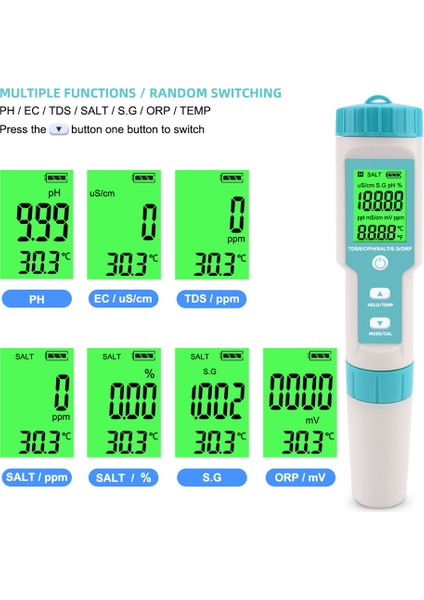 7 In 1 Ph / Tds / Ec / Orp / Sg / Tuzluluk / Sıcaklık Arka Işık ile (Yurt Dışından)