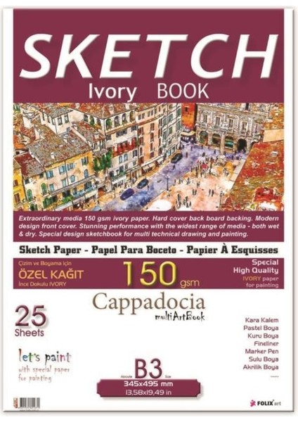 Sketchbook Cappadocia 34,5 x 49,5 B3 Tutkallı 150 gr Ivory 25 Yaprak Eskiz Defteri
