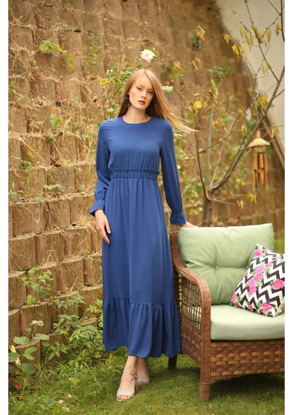 Beli Lastikli Indigo Elbise