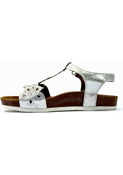 5011 Hakiki Deri Gümüş Ortapedik Abiye Kız Çocuk Sandalet