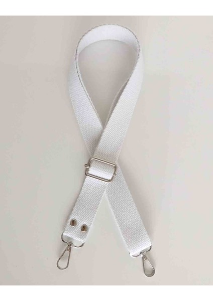 Beyaz Pamuklu Kolon Ayarlamalı Çanta Sapı Gümüş Metal