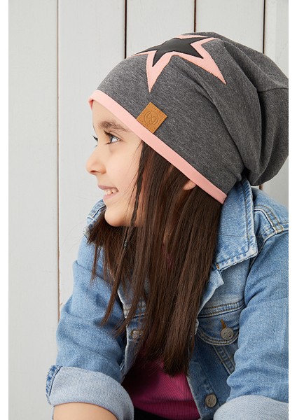 Pudra Gri Çocuk Şapka Bere Yumuşak Pamuklu Penye Yıldız Seri