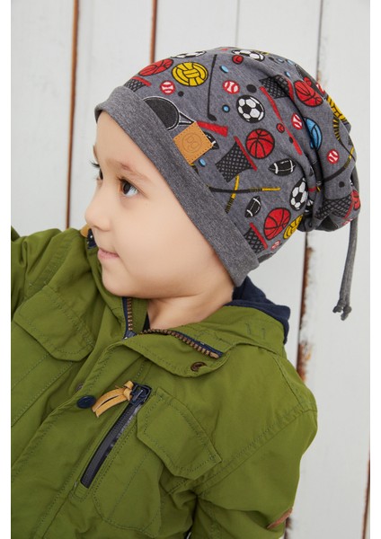 Çocuk Füme Spor Desenli Şapka Bere Yumuşak Çift Katlı Pamuklu Penye