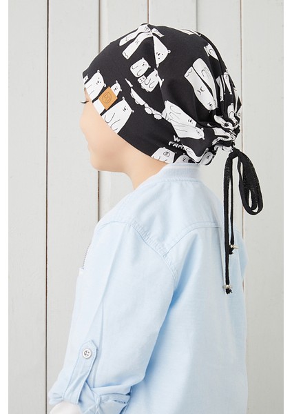 Çocuk Siyah Beyaz Figürlü Ip Detaylı 4 Mevsim Şapka Bere -Yumuşak Penye fiyatları