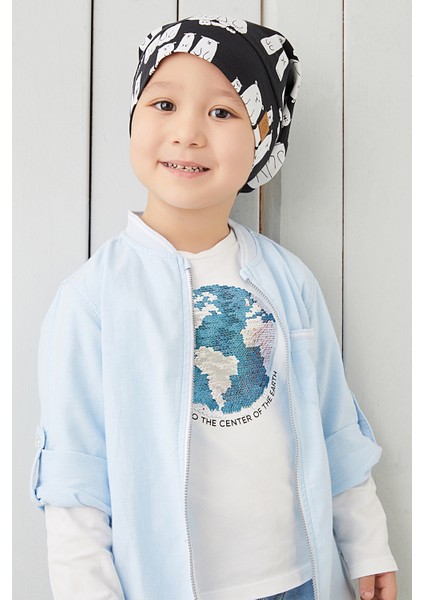 Çocuk Siyah Beyaz Figürlü Ip Detaylı 4 Mevsim Şapka Bere -Yumuşak Penye indirimleri