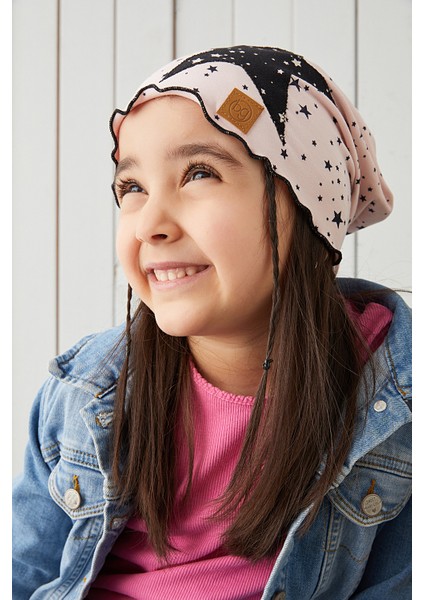 Pudra Siyah Çocuk Şapka Bere Yumuşak Pamuklu Penye Yıldız Seri