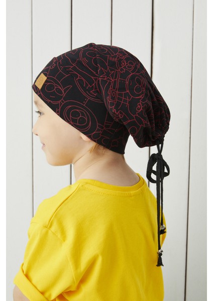 Çocuk Siyah Kırmızı Figürlü Ip Detaylı 4 Mevsim Şapka Bere -Yumuşak Penye