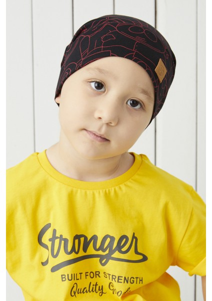 Çocuk Siyah Kırmızı Figürlü Ip Detaylı 4 Mevsim Şapka Bere -Yumuşak Penye modelleri