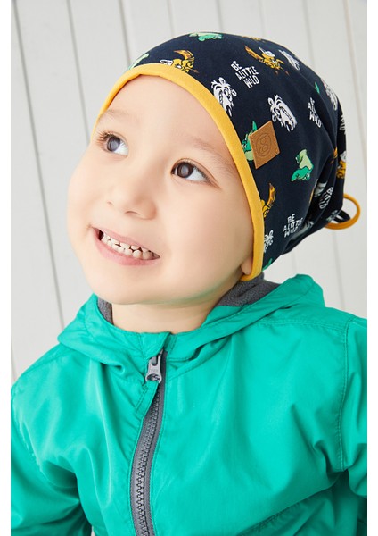 Pamuklu Çift Katlı Yumuşak Penye Lacivert Sarı Figürlü Erkek Çocuk Bebek Şapka Bere Yerli Üretim