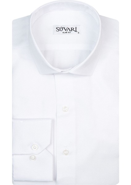 Slim Fit Armür Desenli Beyaz Erkek Gömlek