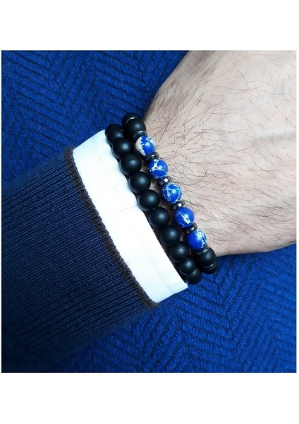 Mavi Varasit Hematit Oniks Ikili Kombin Doğal Taş Erkek Bileklik