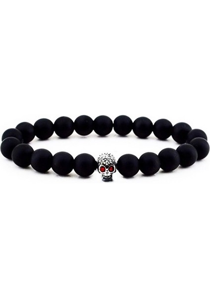 Gümüş Kuru Kafa Oniks Doğal Taş Erkek Bileklik