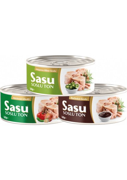 "Sasu Barbekü Soslu Ton 160 gr + Sasu Jalapeno Biberi Soslu Ton 160 gr + Sasu Akdeniz Usulü Ton 160 gr "