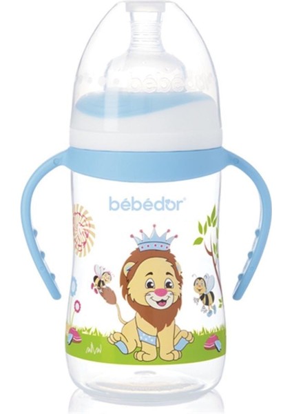 B-89322 Desenli Geniş Ağız Kulplu Biberon 250 ml Mavi