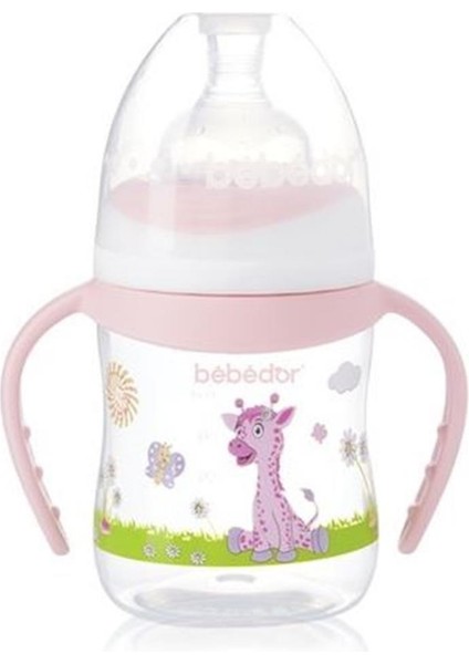 B-88322 Desenli Geniş Ağız Kulplu Biberon 150 ml Pembe