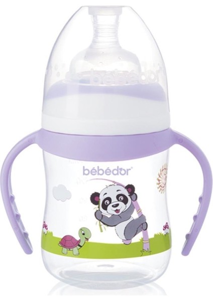 B-88322 Desenli Geniş Ağız Kulplu Biberon 150 ml Mor