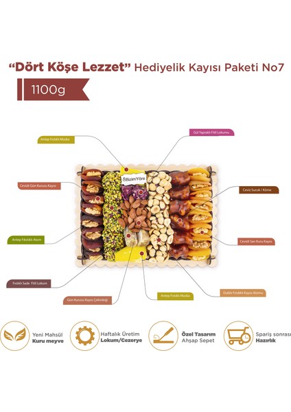 ''dört Köşe Lezzet'' Hediyelik Kayısı Kuru Meyve Lokum Draje Sepeti 1,1 kg No 7 | Bizim Yöre